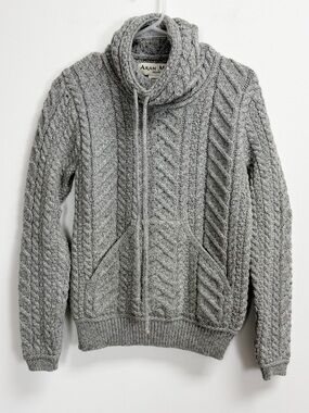 Aran Mor Ireland 100% Merino Wool Sweater Womens Small Gray Cable Knit Cowl